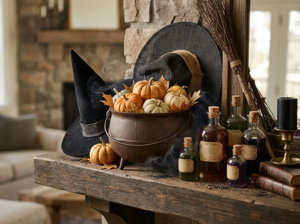 Witchy Mantel with Pumpkin Cauldron