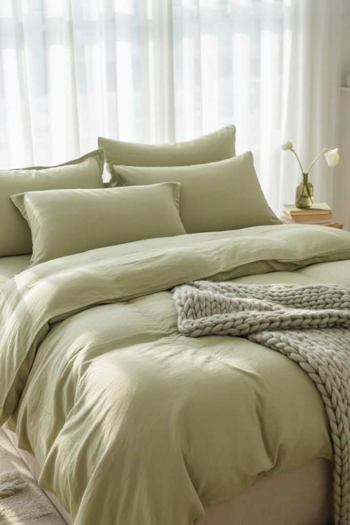 3. Layer Sage Green Bedding 🛋️