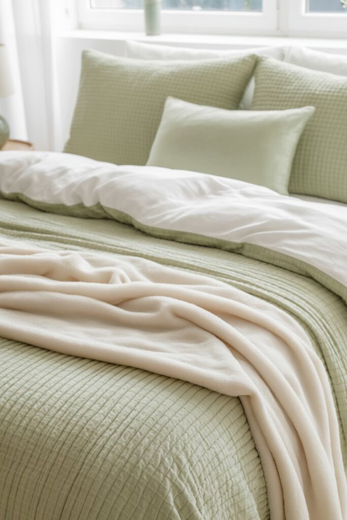 5. Layer Sage Green with White Linen Sheets