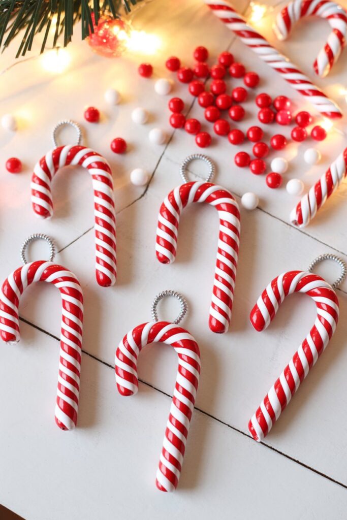 7. Beaded Candy Cane Ornaments 🍭