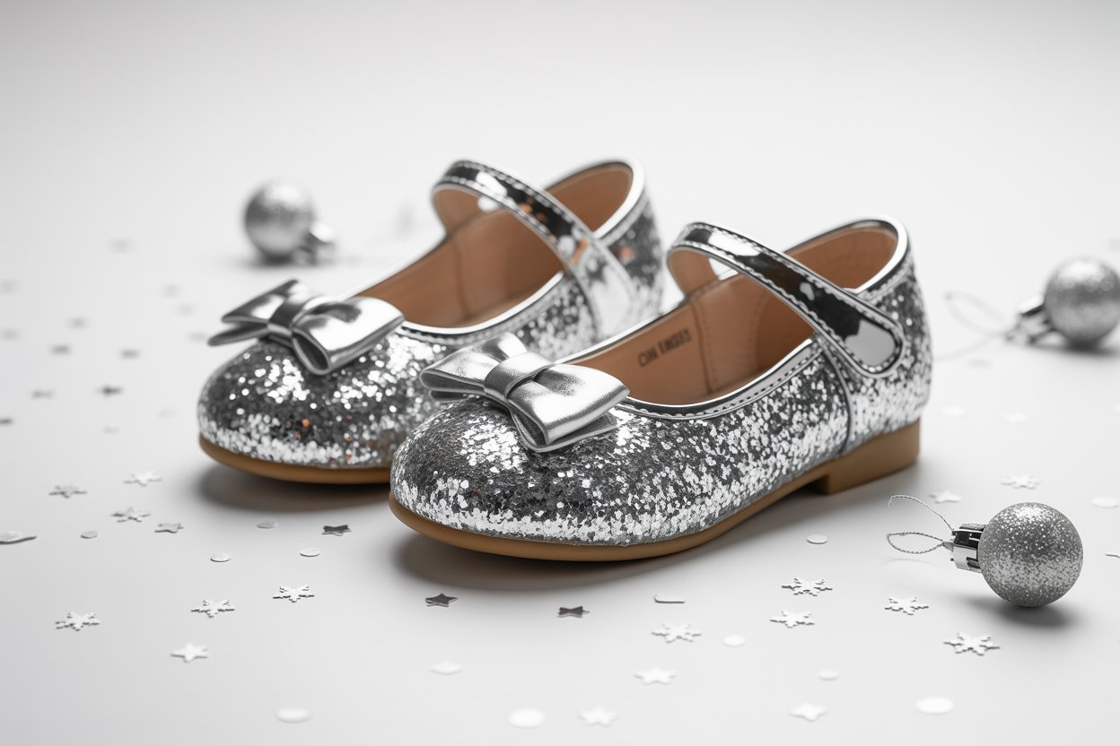 Kids Christmas Party Shoes Glitter Silver