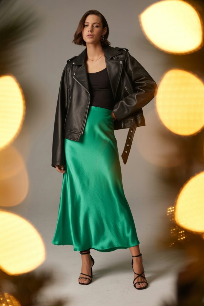 Leather Jacket + Satin Skirt
