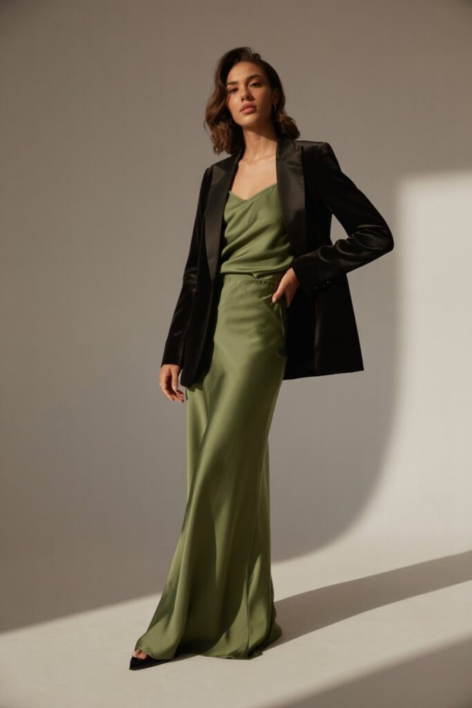 Satin Slip Skirt + Velvet Blazer