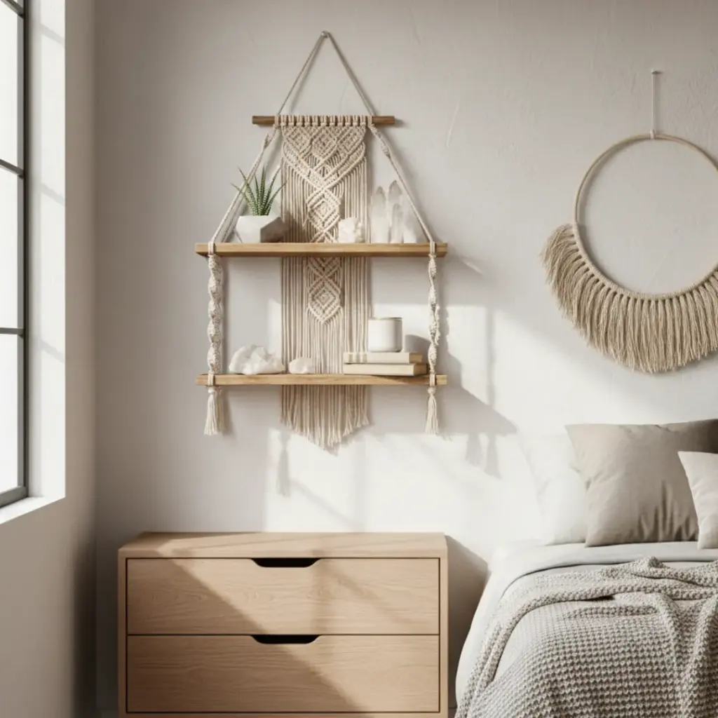 🌿 4. Floating Shelves + Macrame = The Ultimate Boho Power Couple