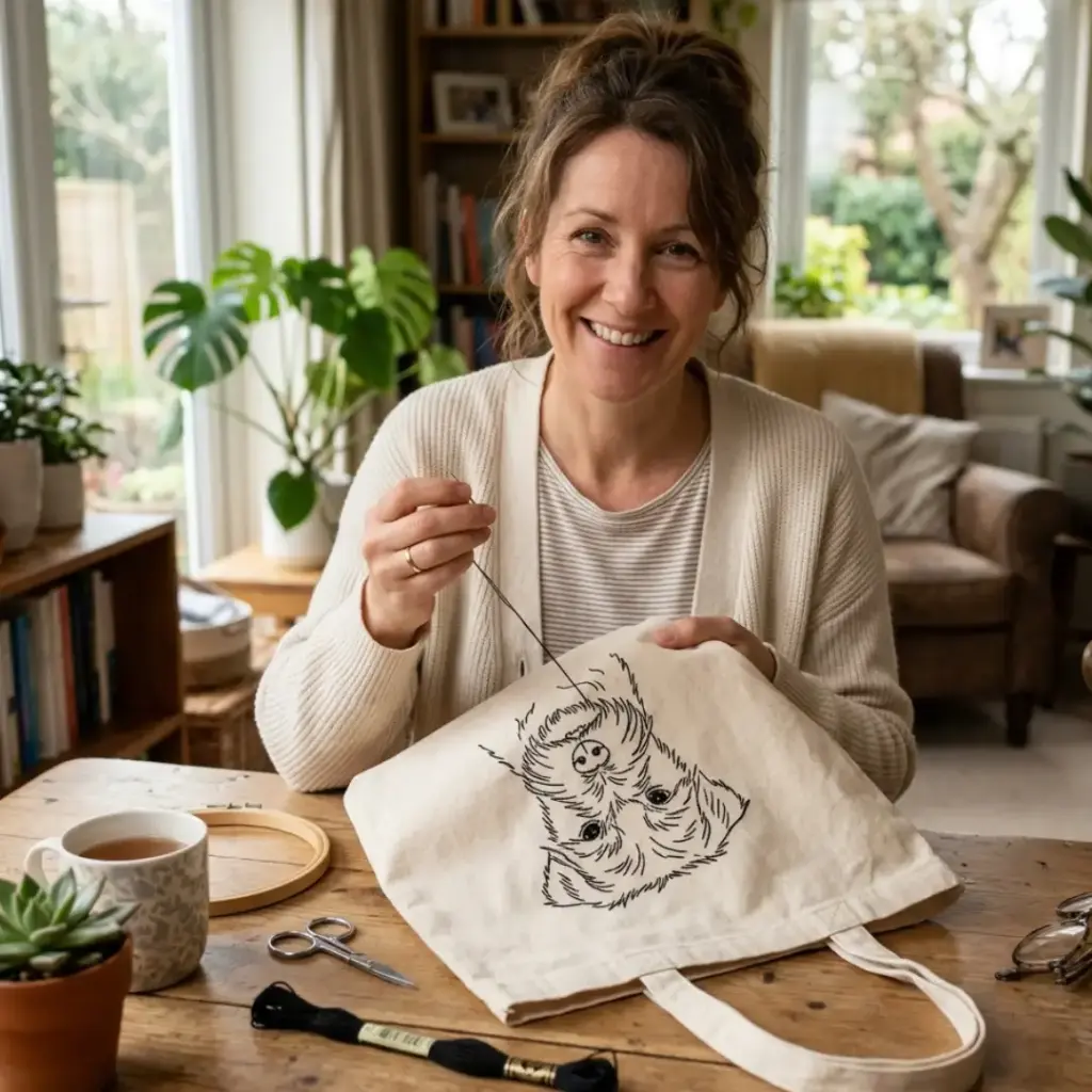 Embroidered "Line Art" Tote Bag