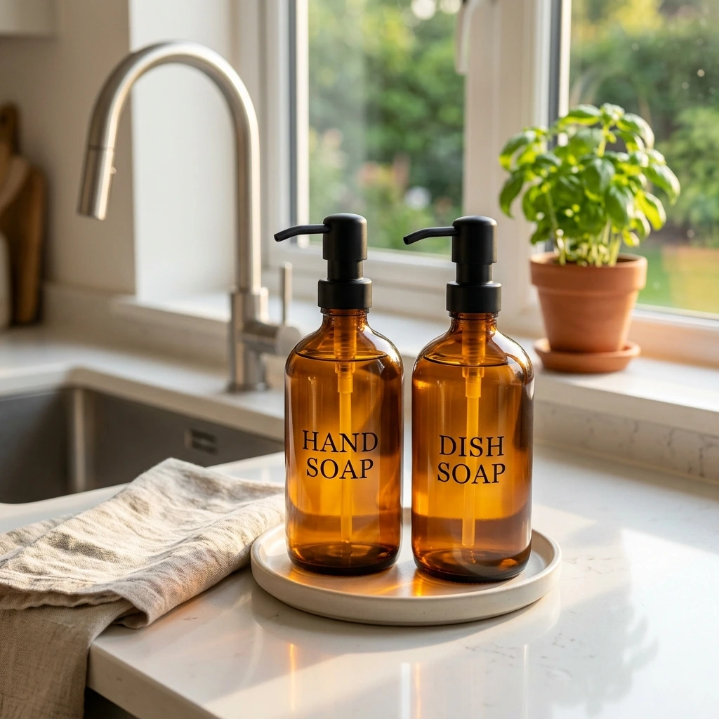 3. Amber Glass Soap Dispenser Set