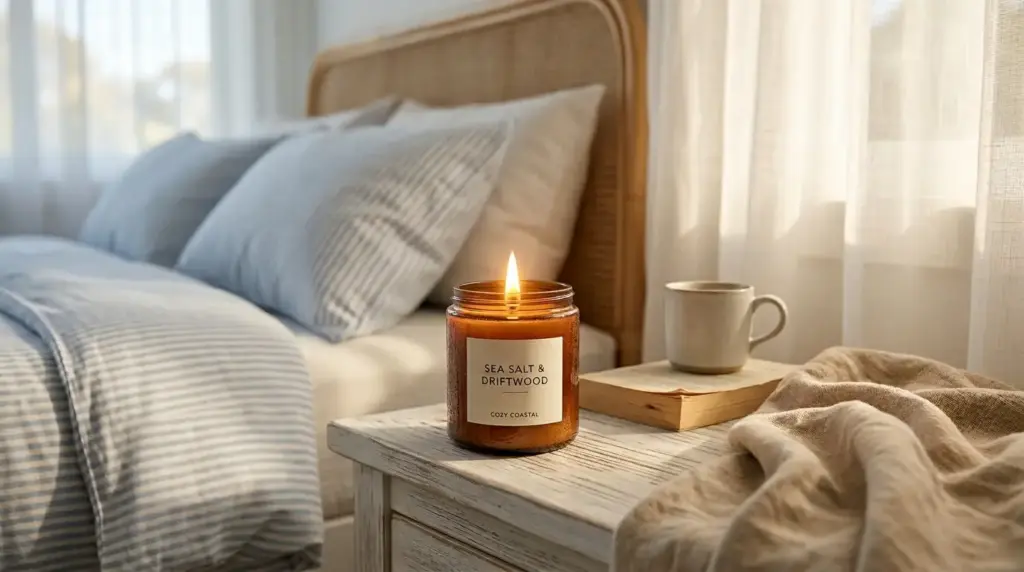 Light a signature beach scented candle