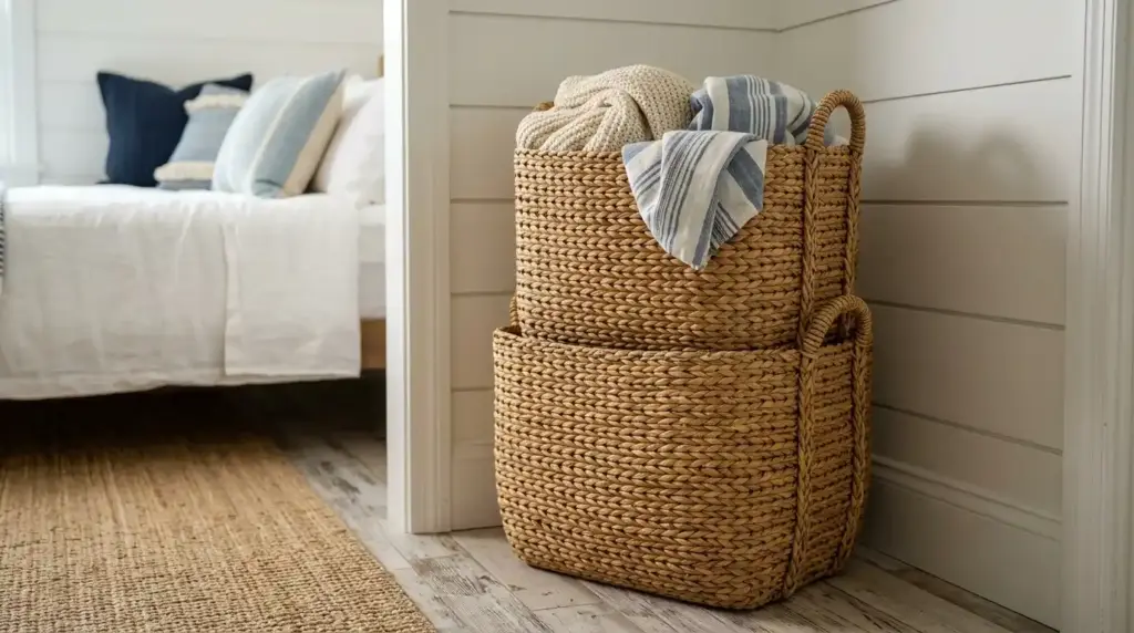 Stack woven storage baskets