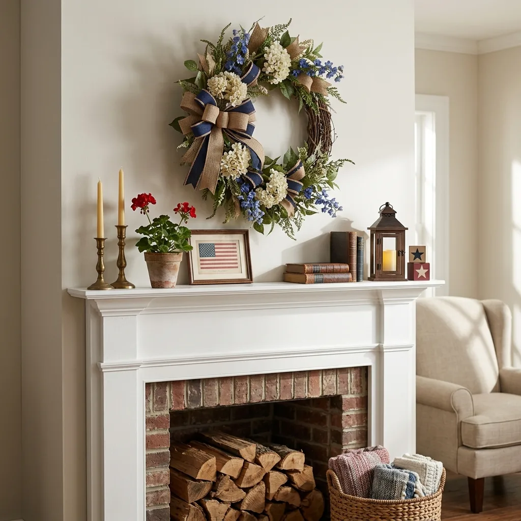 Feature a Patriotic Wreath Above the Mantel
