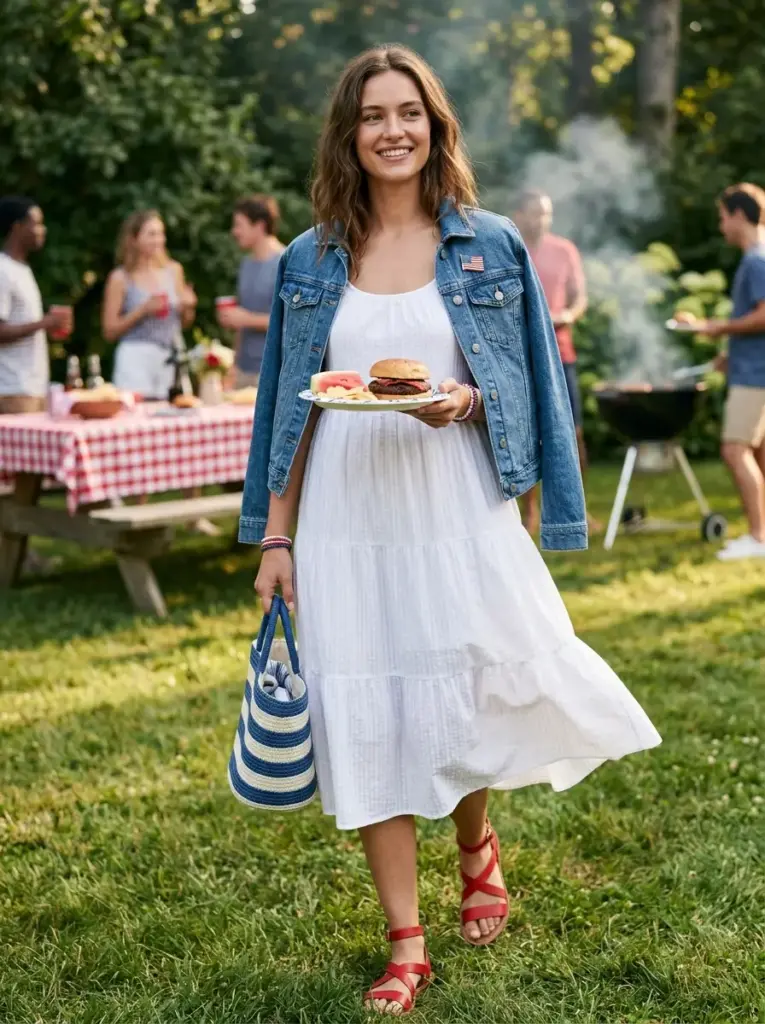 Classic White Sundress with Red and Blue Accents