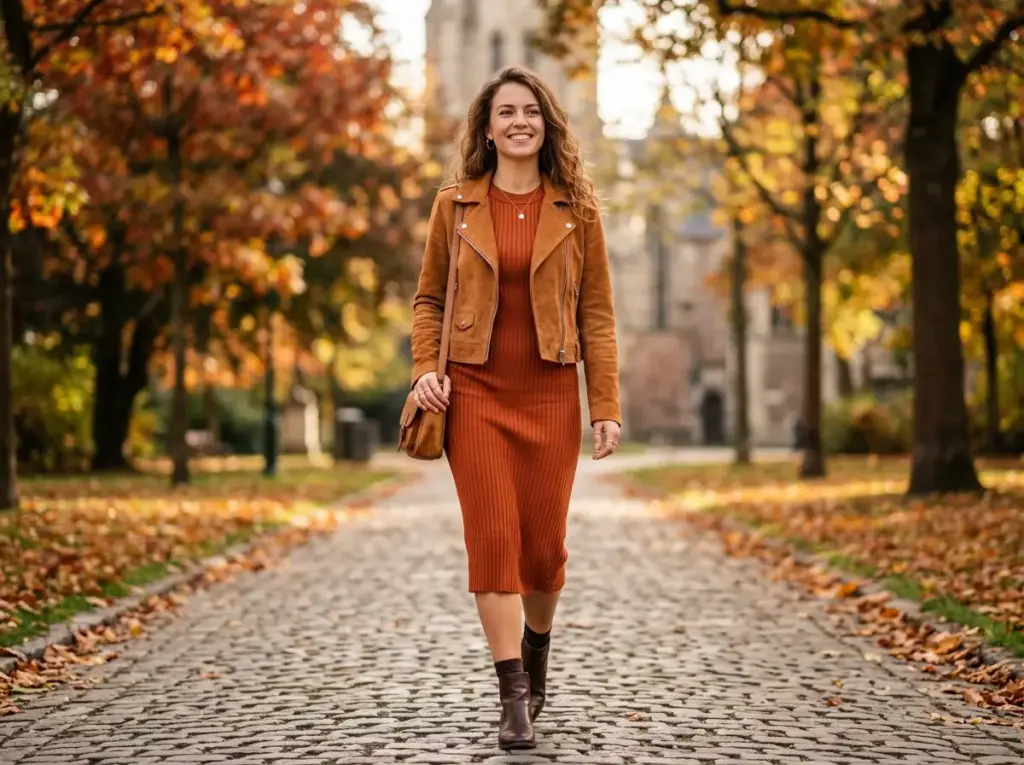 Ribbed Knit Midi Dress with a Suede Jacket